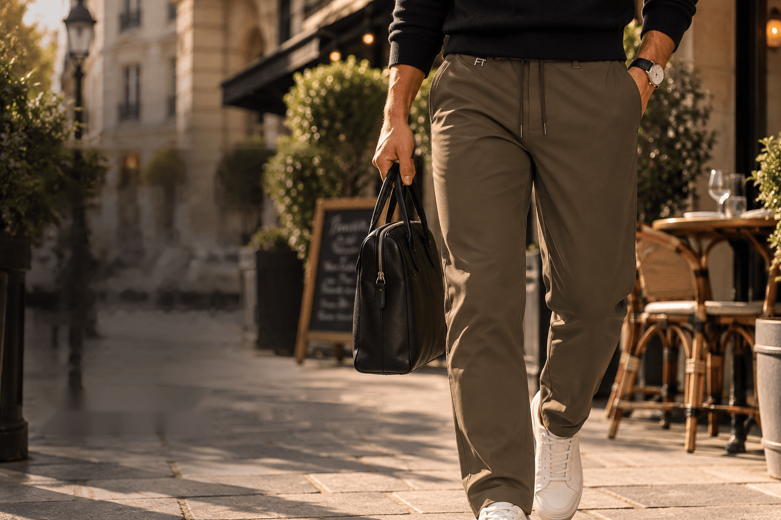 Homme marchant devant une terrasse de café parisienne, vêtu d'un pull sombre et du pantalon technique OMNIMEN olive, un sac en cuir noir à la main